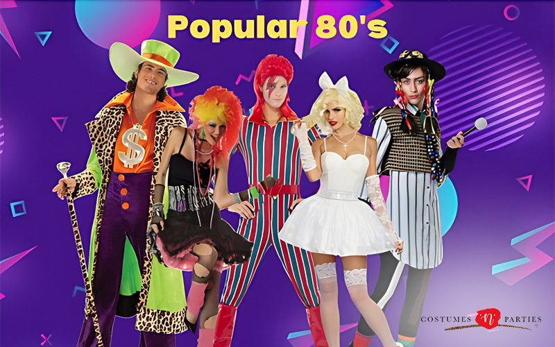 Group modeling popular 80s-themed costumes for parties